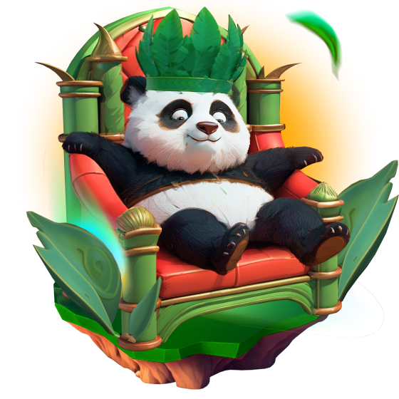 Spin Panda mascot on a bamboo throne